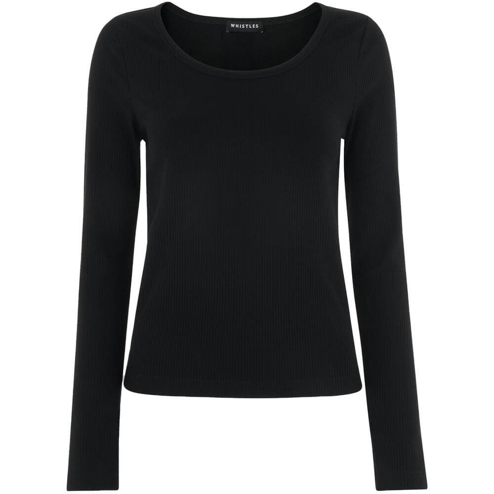 Whistles Black Ribbed Scoop Neck Top
